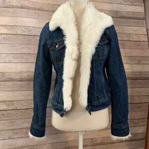 Arizona Jean Company Juniors Blue Jean Jacket with White Faux Fur